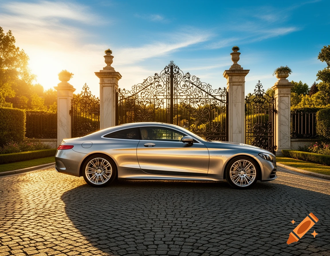 A silver luxury coupe car parked on a cobblestone driveway in front of an ornate black gate with a sunset background.