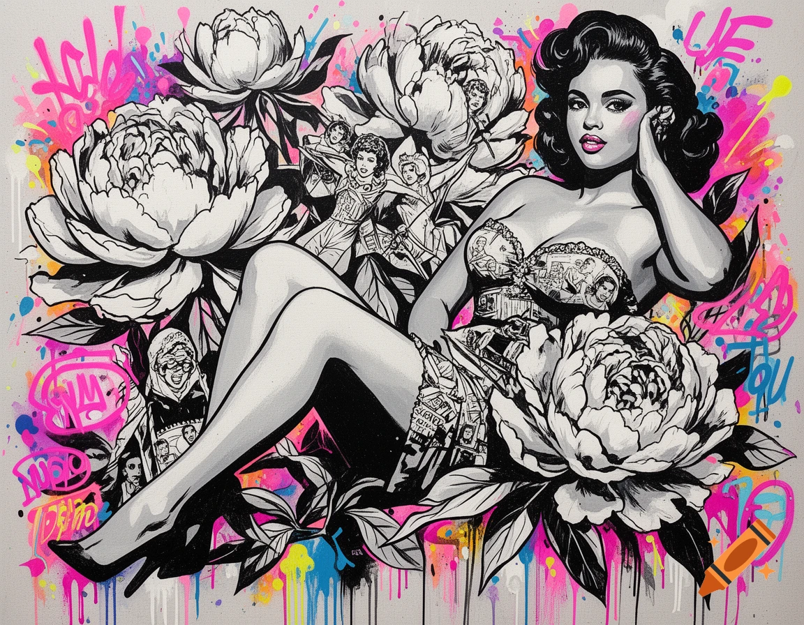 A mixed media painting of a biracial pinup girl reclining among large white peonies, with colorful graffiti and comic art collage elements in the background.
