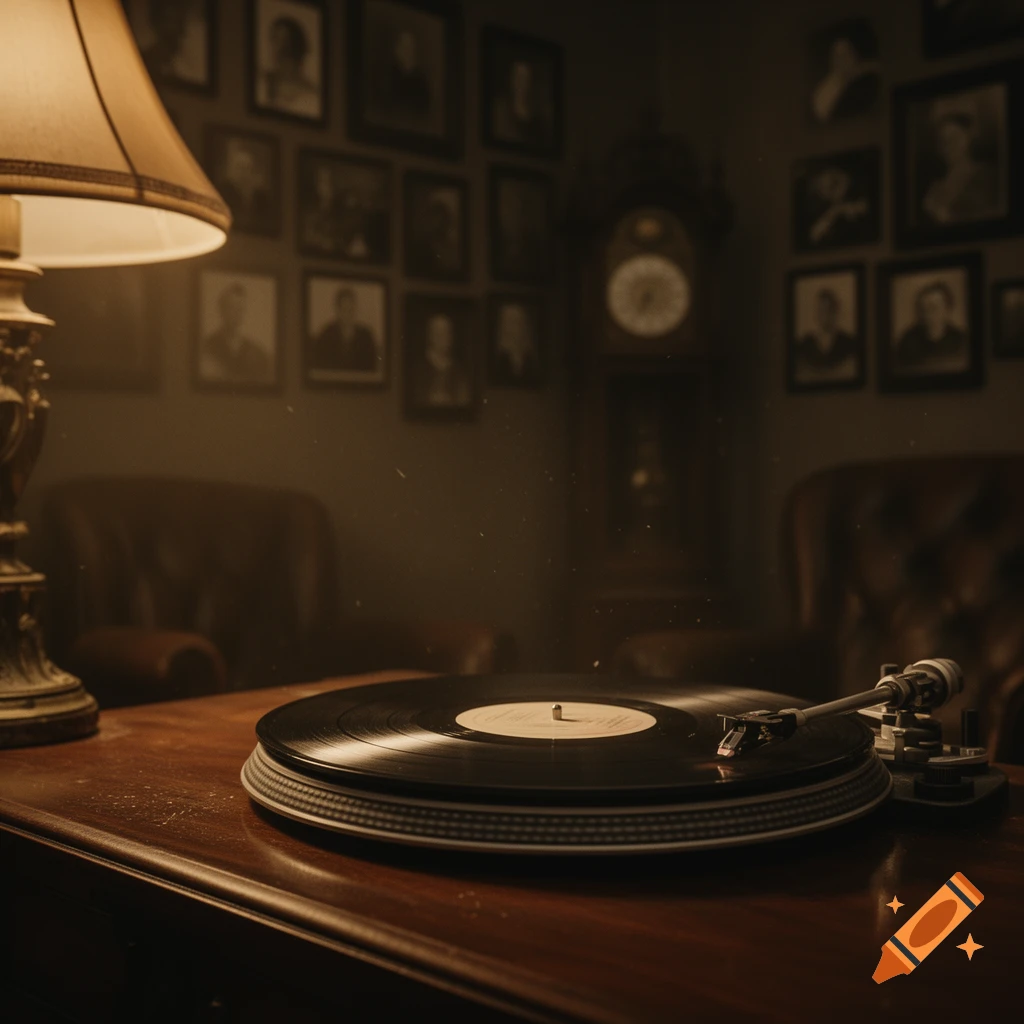 A vintage record player on a polished wooden table, illuminated by a table lamp, in a dimly lit room with framed portraits and a grandfather clock in the background.