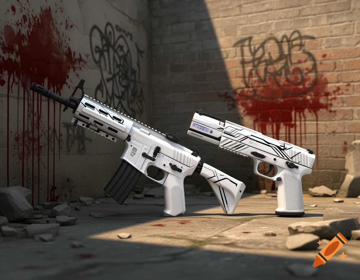 Two stylized white and black firearms, an M4A1 and a USP-S pistol, lean against a grunge brick wall with graffiti and red splatters.