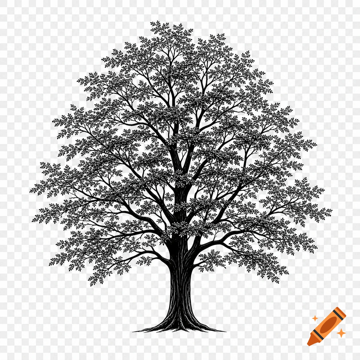 Detailed black and white silhouette of a large tree with a dense canopy and visible trunk, vector style.