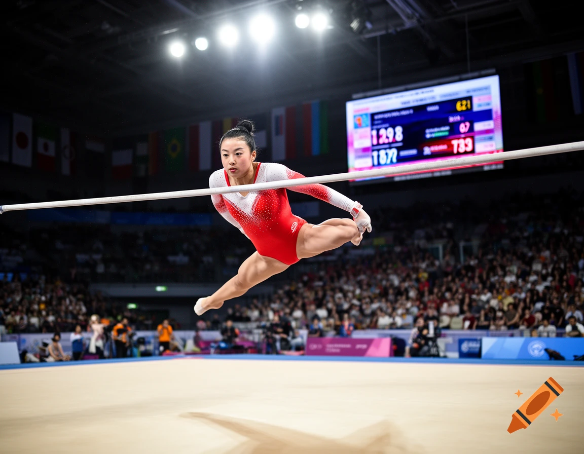 A female gymnast in a red and white leotard performs on a horizontal bar in a large arena during a competition.