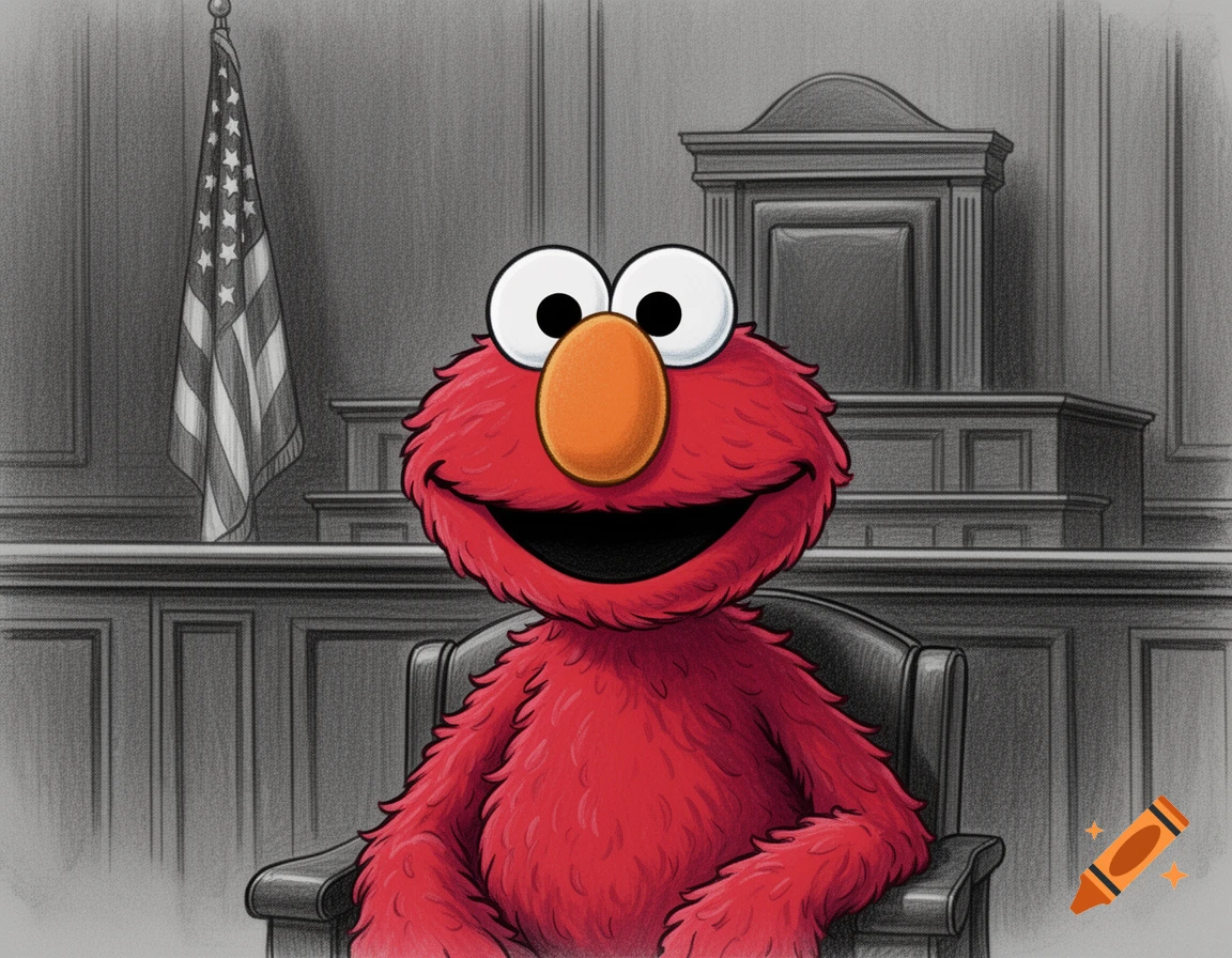 A colorful drawing of Elmo sitting in a chair in a grayscale courtroom, with an American flag and a judge's bench in the background.