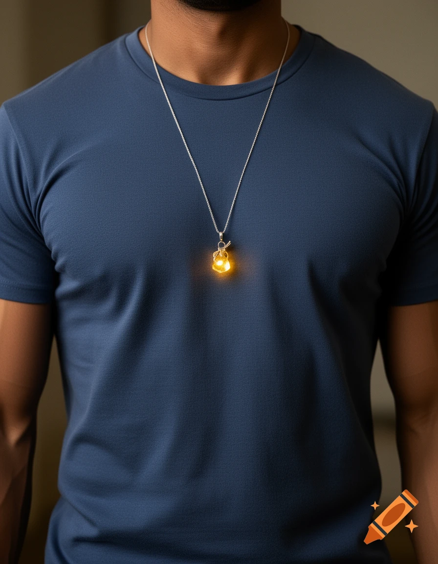 A man wearing a blue t-shirt and a silver chain necklace with a glowing yellow pendant.