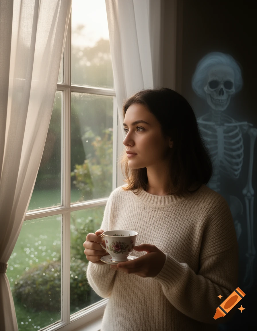A woman in a cream sweater holds a teacup by a window, looking out, with a faint, ghostly skeleton of an old woman behind her, photorealistic.