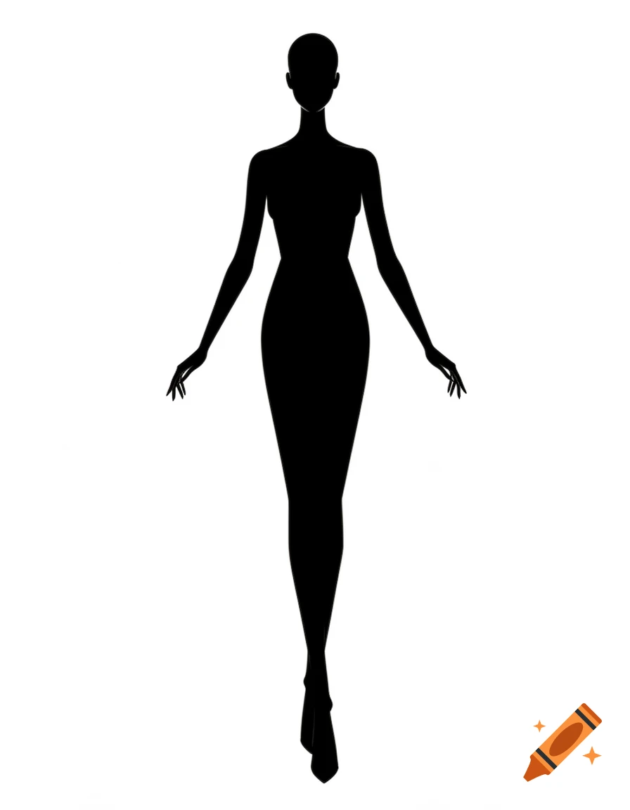 Black silhouette of a tall woman with fashion model proportions, standing frontally with arms slightly spread, on a white background.