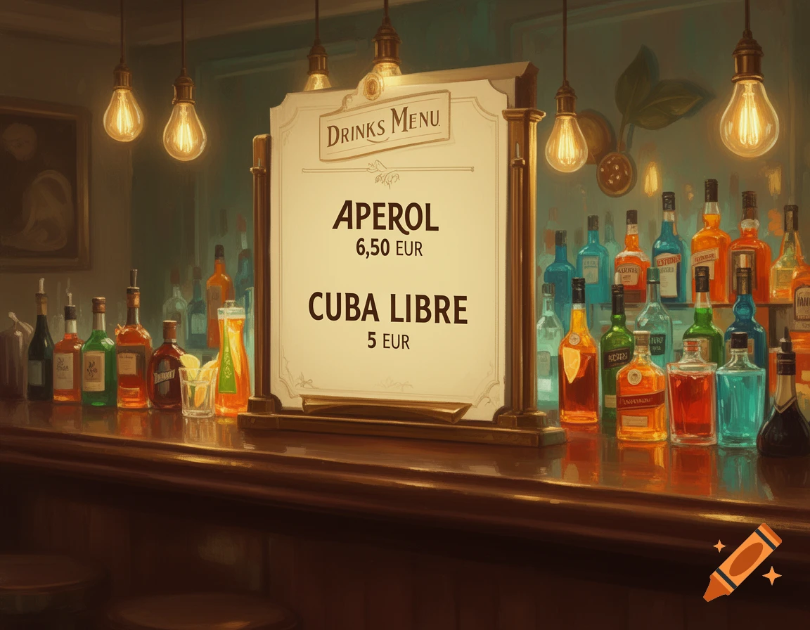 A warmly lit, painterly bar scene featuring a menu board with Aperol and Cuba Libre prices, flanked by rows of liquor bottles.