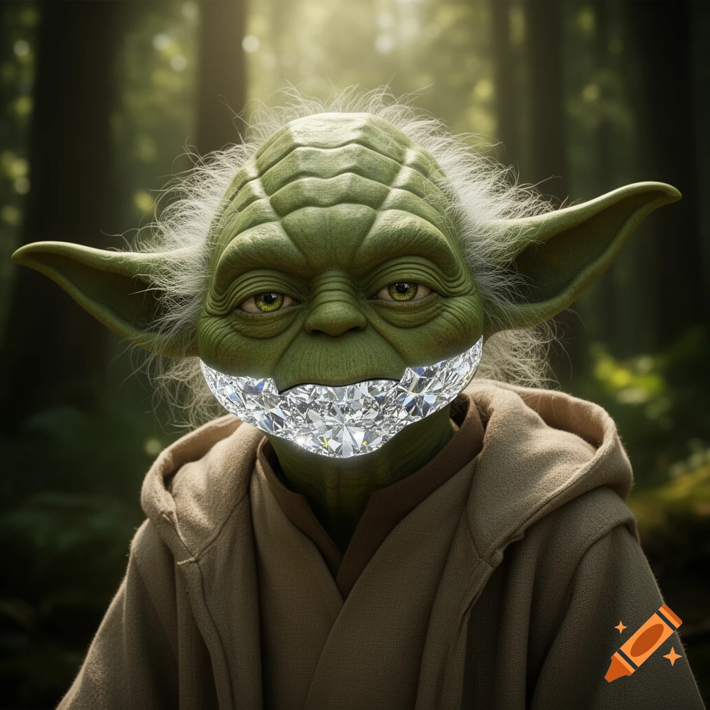 A close-up, photorealistic portrait of Master Yoda wearing a sparkling diamond grill on his jawline, set in a lush forest.