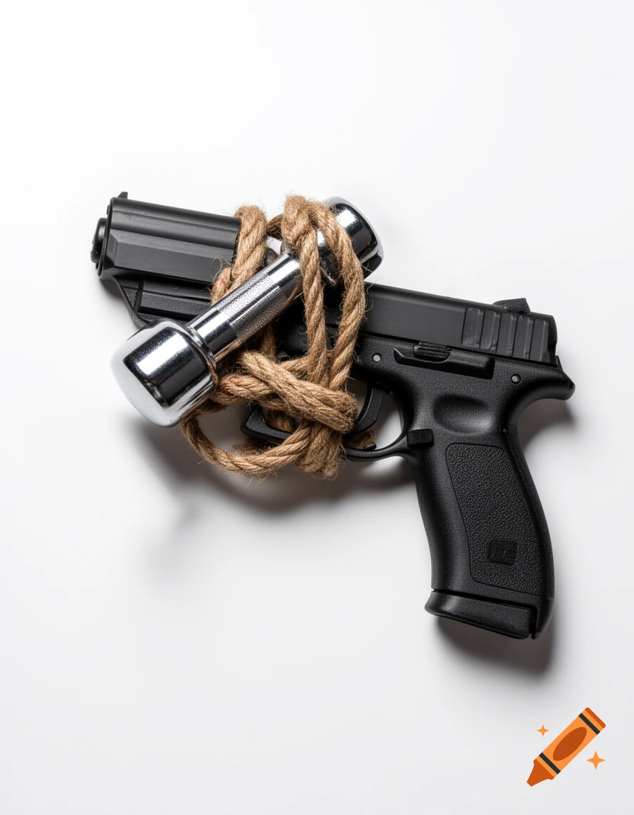 A black handgun and a silver dumbbell are tightly bound together with a thick rope on a white background, viewed from above.