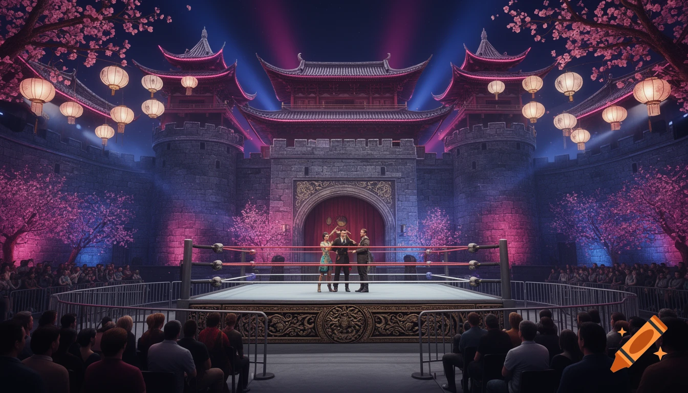 A wrestling arena with a ring, under pink and blue lights, set against a stone castle with Asian pagoda roofs and cherry blossoms.