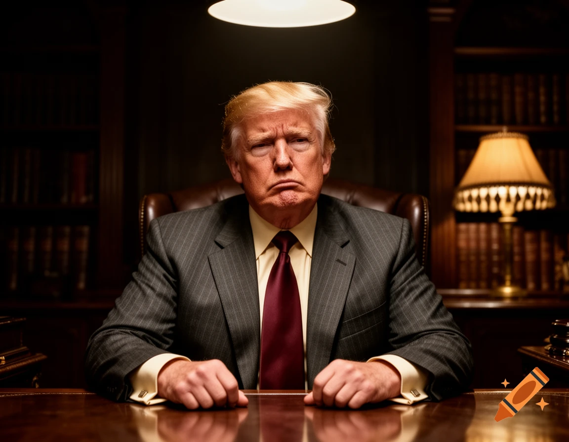 Photorealistic portrait of Donald Trump in a pinstripe suit and red tie, sitting at a desk in a dark, wood-paneled office, lit by an overhead lamp.