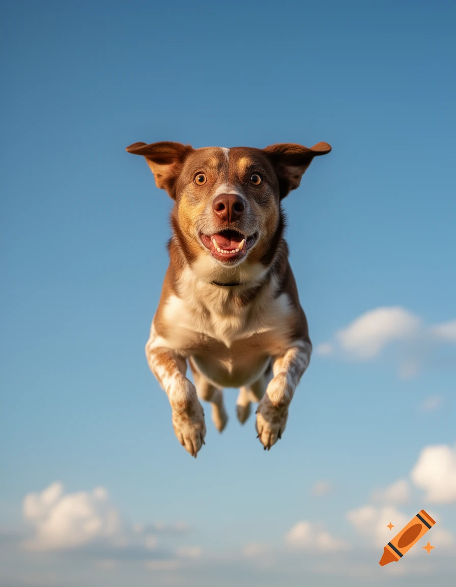 A happy brown and white dog jumps high in a clear blue sky with white clouds.
