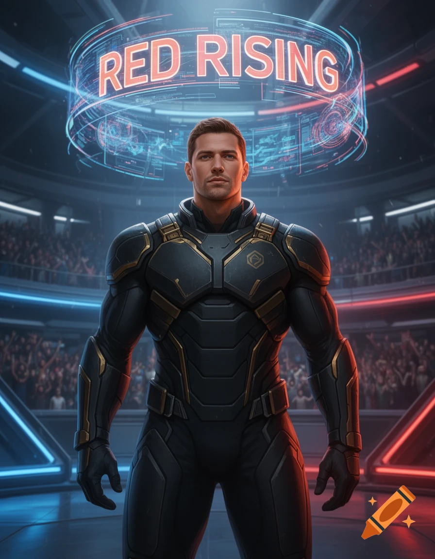 A man in a black and gold futuristic suit stands in a sci-fi arena, with a glowing 'RED RISING' holographic display overhead.