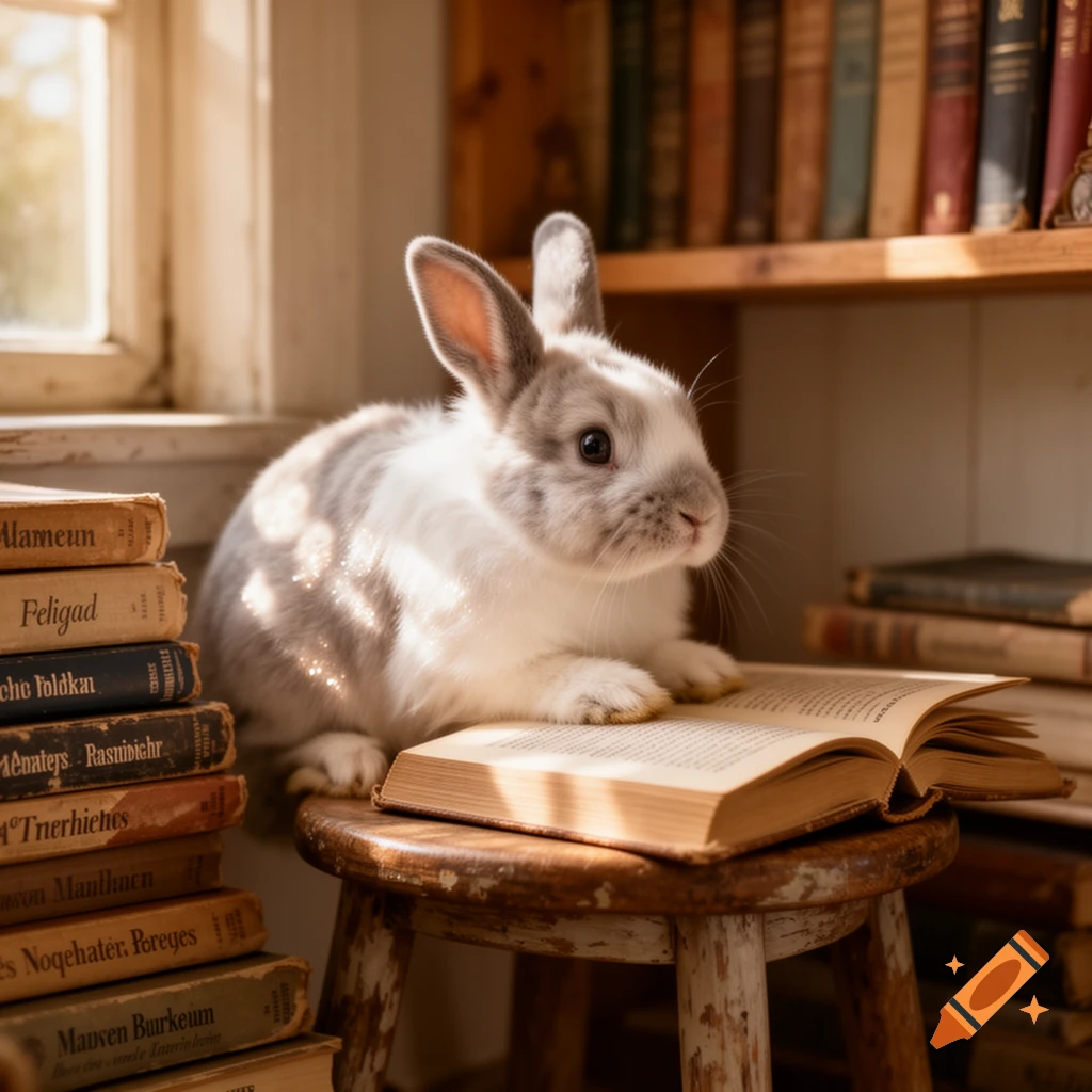 A fluffy white and gray rabbit sits on a wooden stool beside a stack of old books and an open book, bathed in warm sunlight from a window.