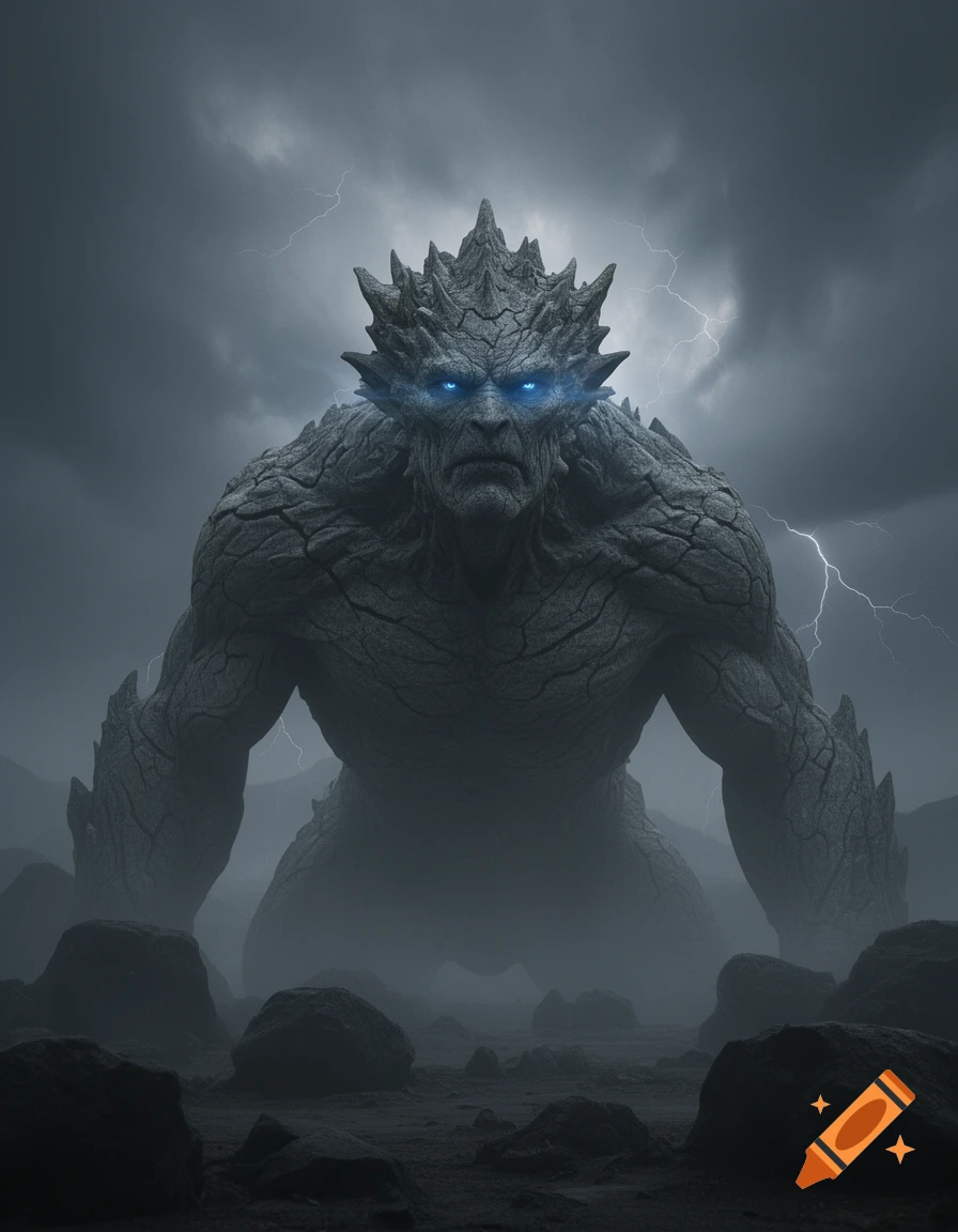 A colossal rock monster with glowing blue eyes stands in a stormy, misty landscape with lightning.