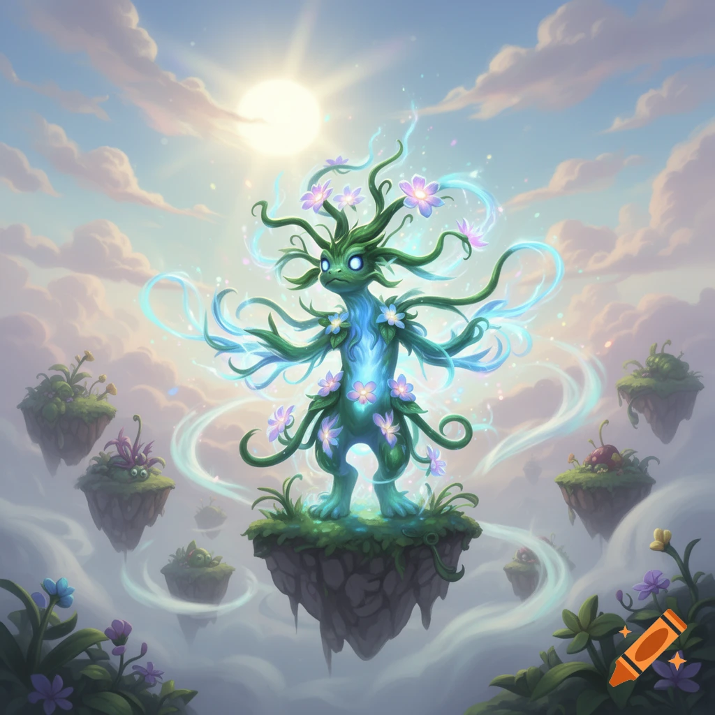 A glowing green plant creature with tendrils and pink flowers stands on a floating island, radiating blue energy under a sunny sky, surrounded by other floating islands. Digital art.