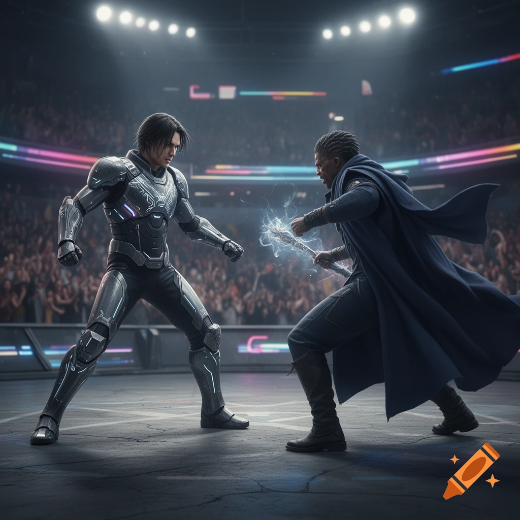 Two male fighters, one in futuristic armor and one casting electricity, face off in a grand stadium arena.