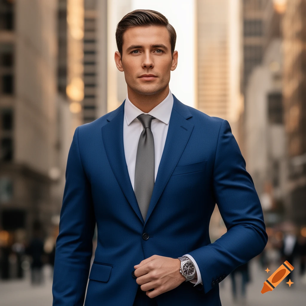 Photorealistic portrait of a man in a blue suit and gray tie, standing on a city street with blurred buildings.
