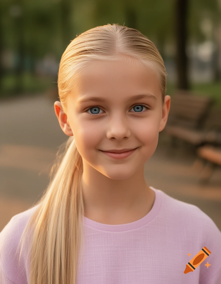A photorealistic portrait of a young blonde girl with blue eyes and a ponytail, smiling in a pink top outdoors.