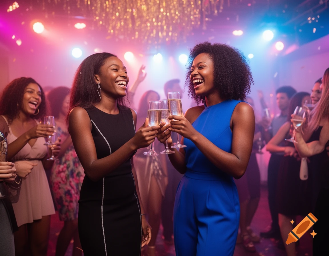 Two young women with dark skin laugh and toast champagne at a vibrant party under colorful lights.