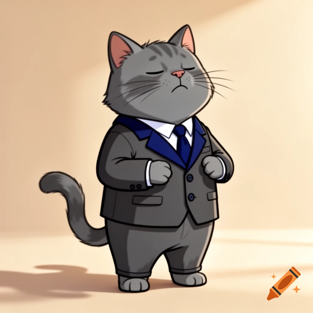 A serious-looking grey cartoon cat stands in a dark suit with a blue tie, eyes closed.
