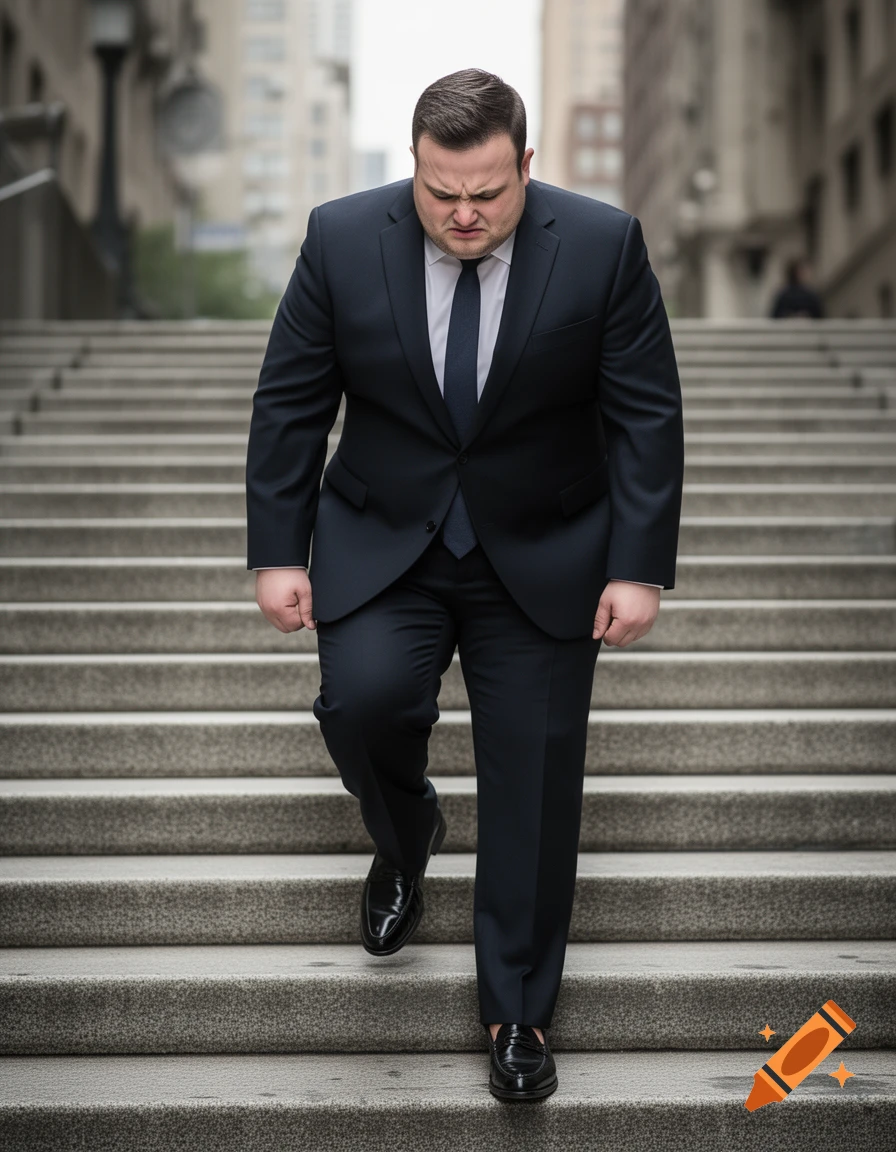 An overweight man in a dark suit walks down urban stairs with a pained expression, photorealistic.