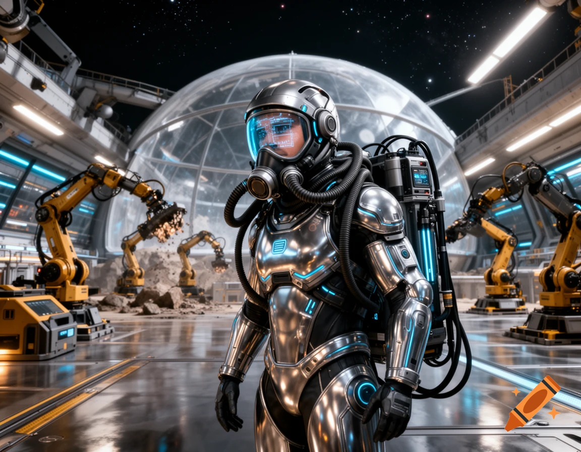 A person in a shiny silver and black futuristic spacesuit and gas mask stands in a moon base, with robotic arms mining.