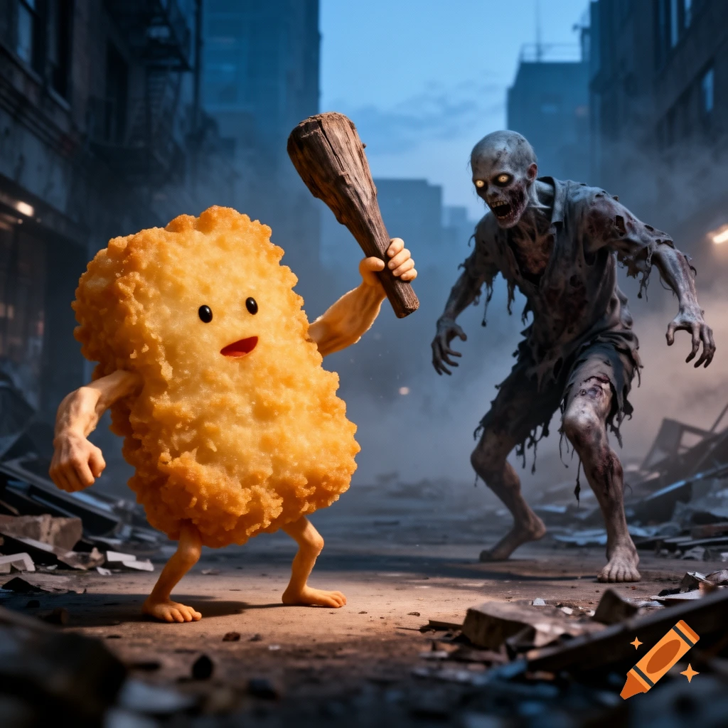 A crispy chicken nugget with arms and legs wields a club against a decaying zombie in a ruined city.