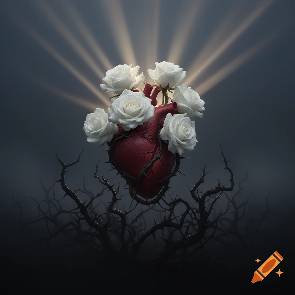 A stylized red anatomical heart is wrapped in thorny branches and adorned with white roses, illuminated by light rays from above, on a dark, misty background.