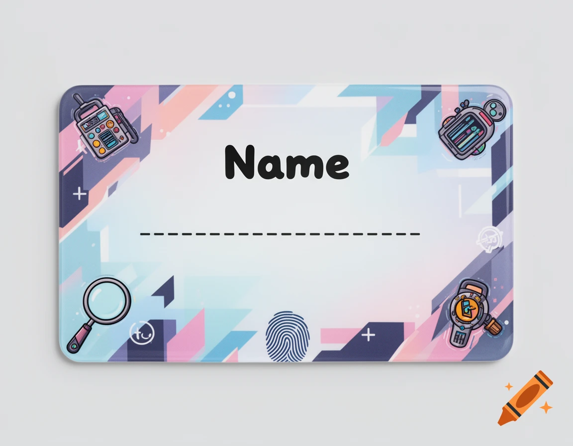 A children's agent ID card with 'Name' and a dashed line, a fingerprint, and spy gadgets on a pastel geometric background.