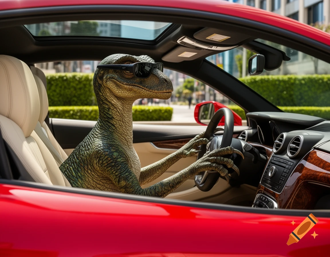 A photorealistic velociraptor wearing sunglasses drives a red convertible car down a sunny city street.