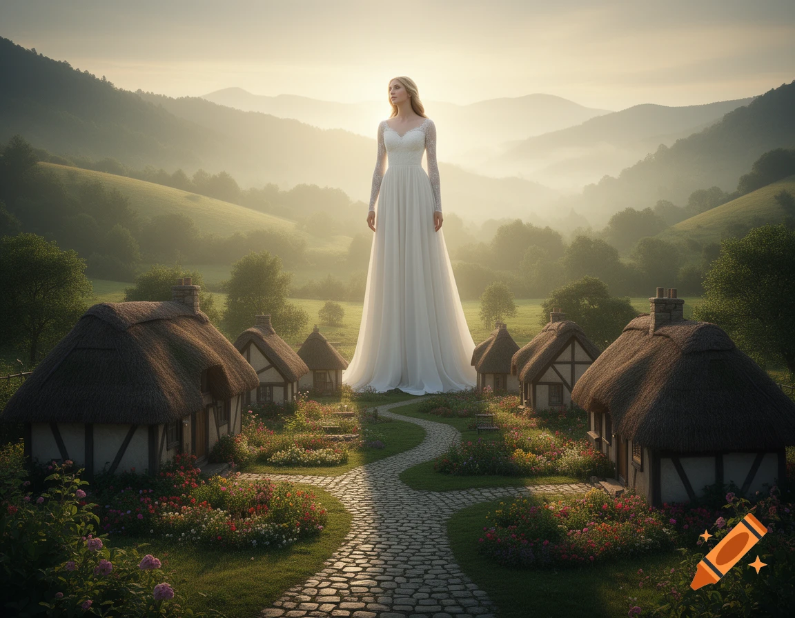 A towering woman in a white wedding dress stands on a path amidst tiny, picturesque thatched-roof houses in a lush, misty valley.