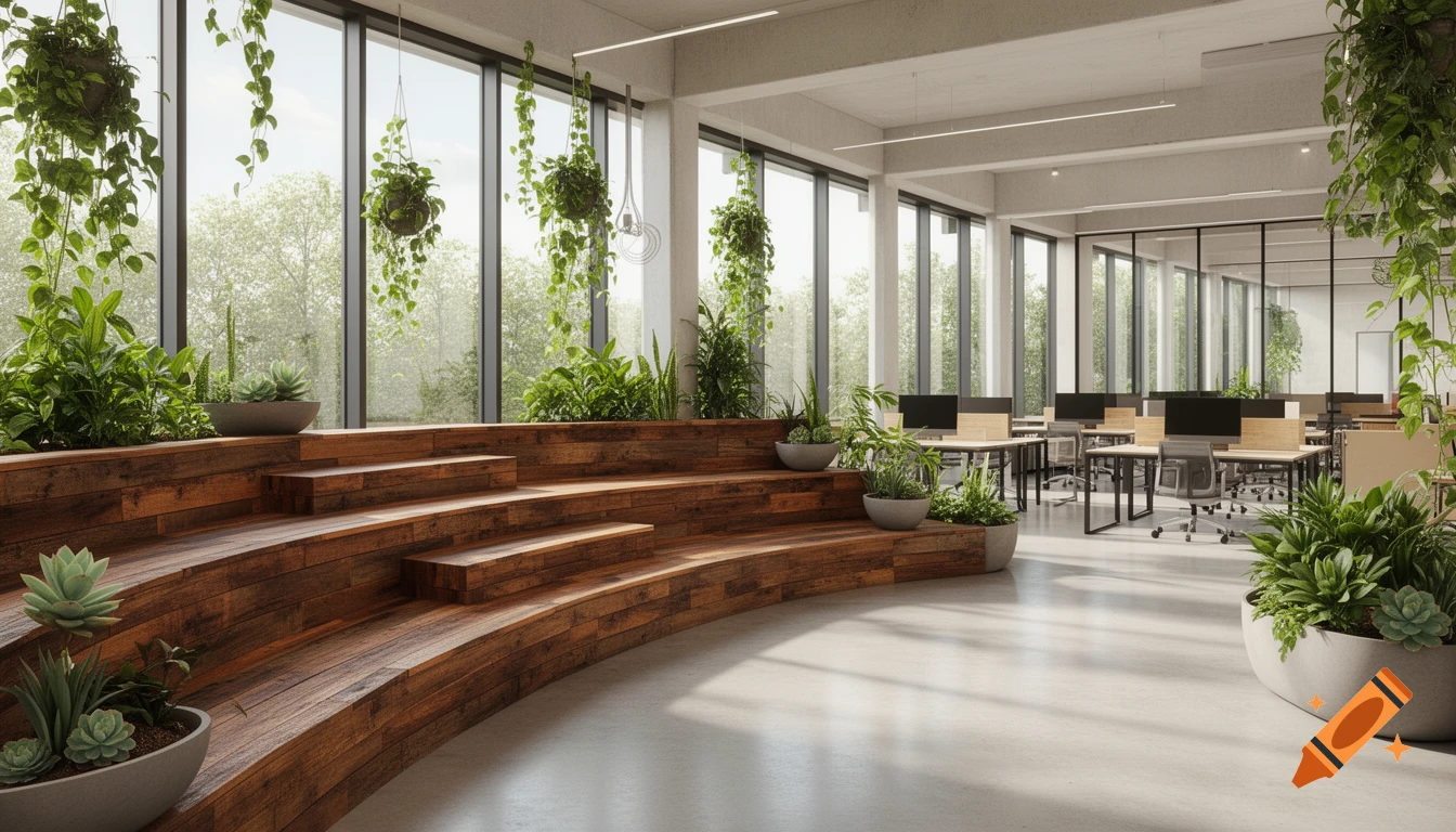 Modern co-working space with curved wooden tiered seating, numerous plants, and open workspaces with desks by large windows.