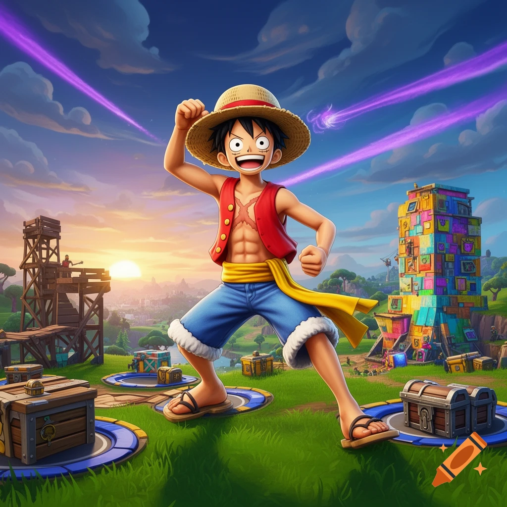Monkey D. Luffy from One Piece in a Fortnite-style landscape with buildings, chests, and purple energy trails in the sky, at sunset.