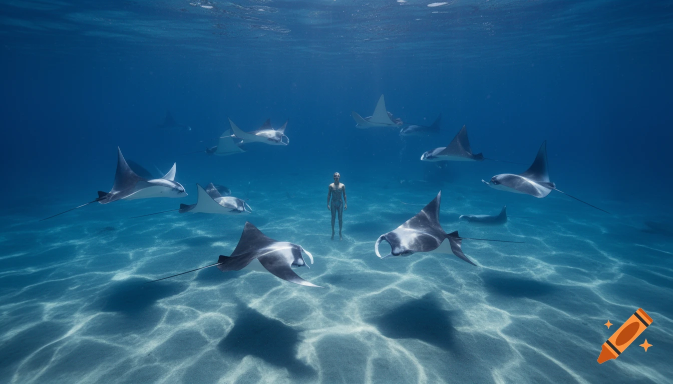 A naked person floats surrounded by multiple manta rays in clear blue water with sunlight dappling the sandy seafloor.