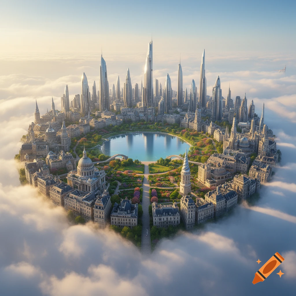 A sprawling futuristic city with a central lake, nestled within a vast expanse of clouds, bathed in soft sunlight.