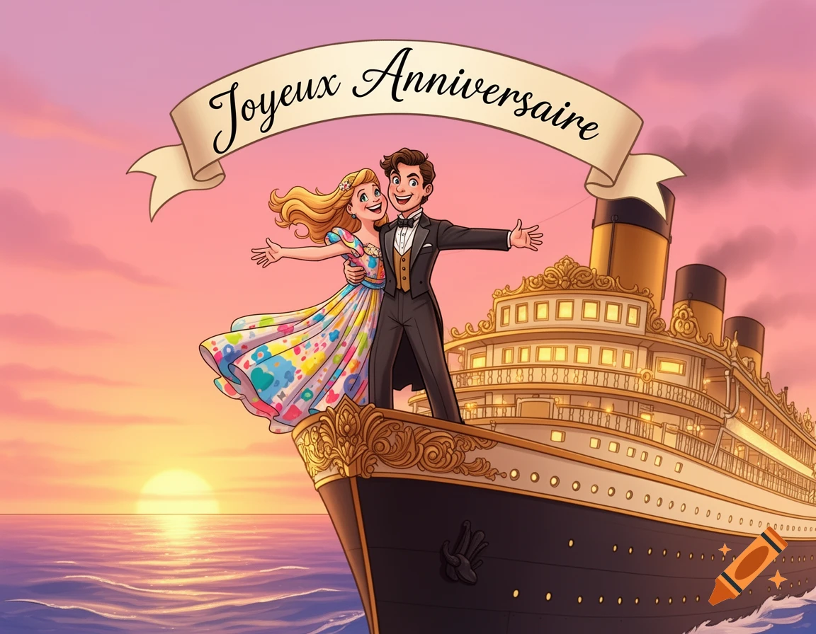 Cartoon couple on the bow of a large ship resembling the Titanic at sunset, with a banner displaying "Joyeux Anniversaire".