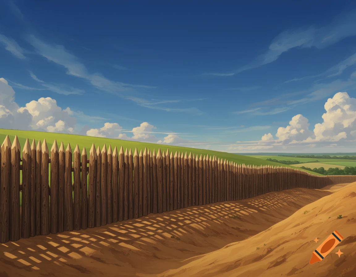 A long timber palisade fence runs along a dirt path next to green hills under a blue sky, in an illustration style.