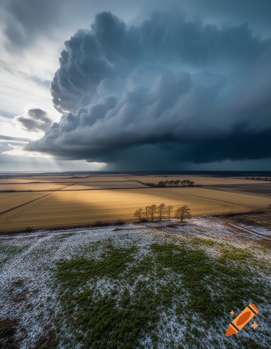 Photorealistic aerial view of a dramatic, dark storm cloud above golden fields, snow-dusted ground, and a line of bare trees.