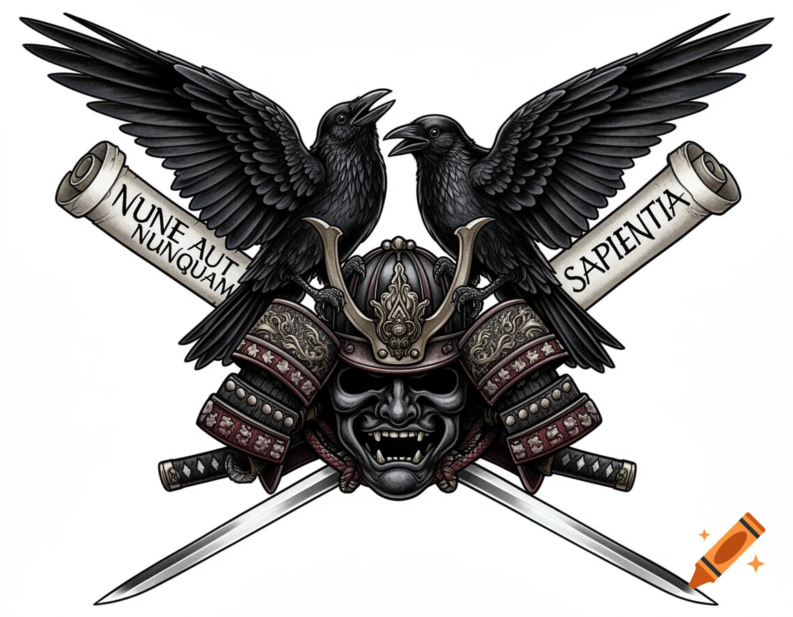 A traditional tattoo style emblem featuring a samurai mask, crossed katanas, and two crows perched on scrolls with Latin text.