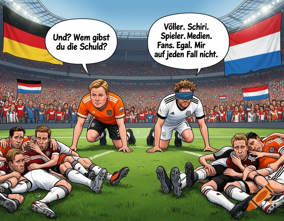 A satirical cartoon shows two football coaches crawling on a field, one asking "Whose fault is it?" and the other, blindfolded, blaming everyone but himself. Surrounding them are sad players and fans in a stadium with German and Dutch flags.