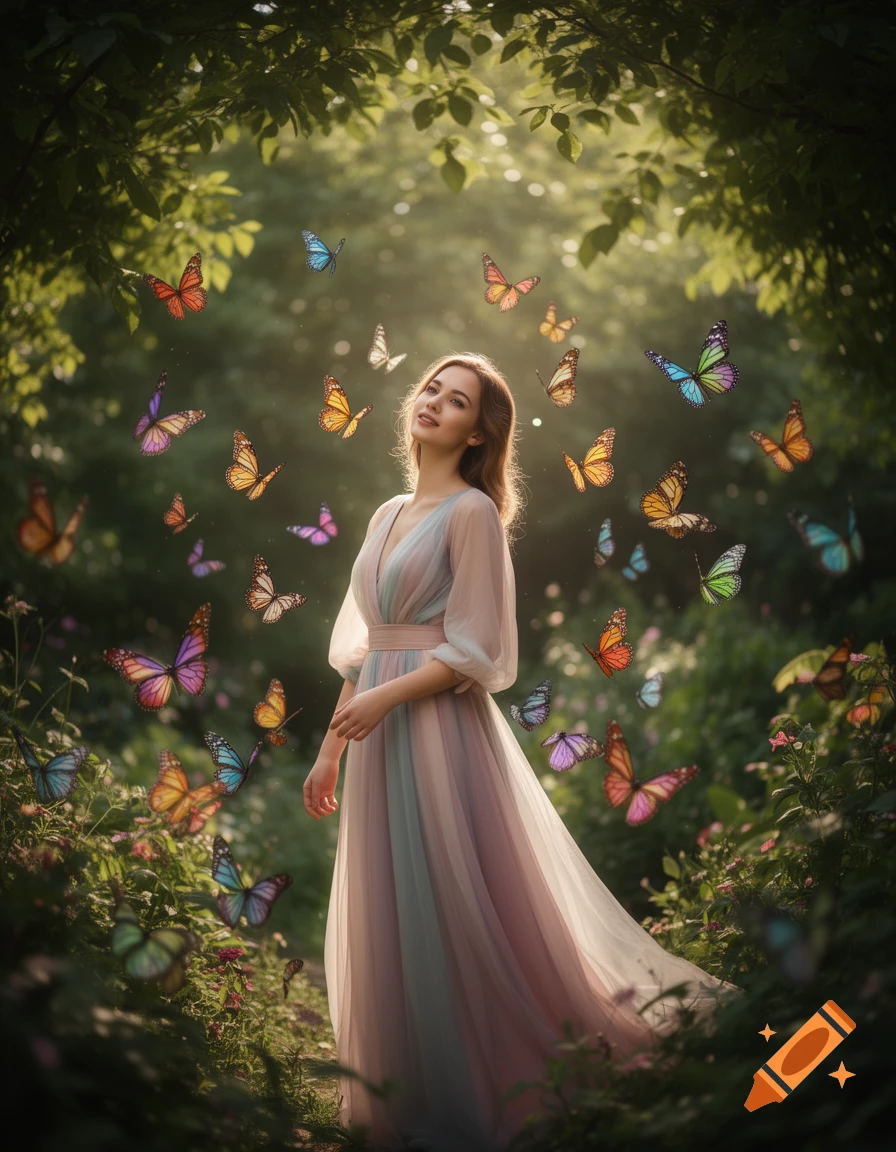 A woman in a flowing pastel dress stands in a magical forest, surrounded by colorful butterflies flying in golden light.