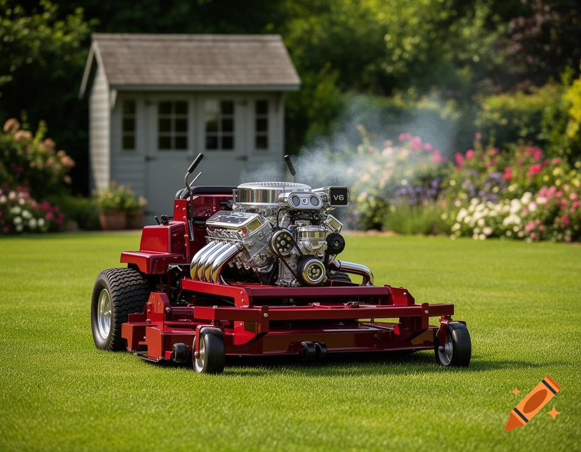 Photorealistic image of a red lawnmower with a large chrome V6 engine emitting smoke, parked on a lush green lawn with a garden shed and flowers in the background.