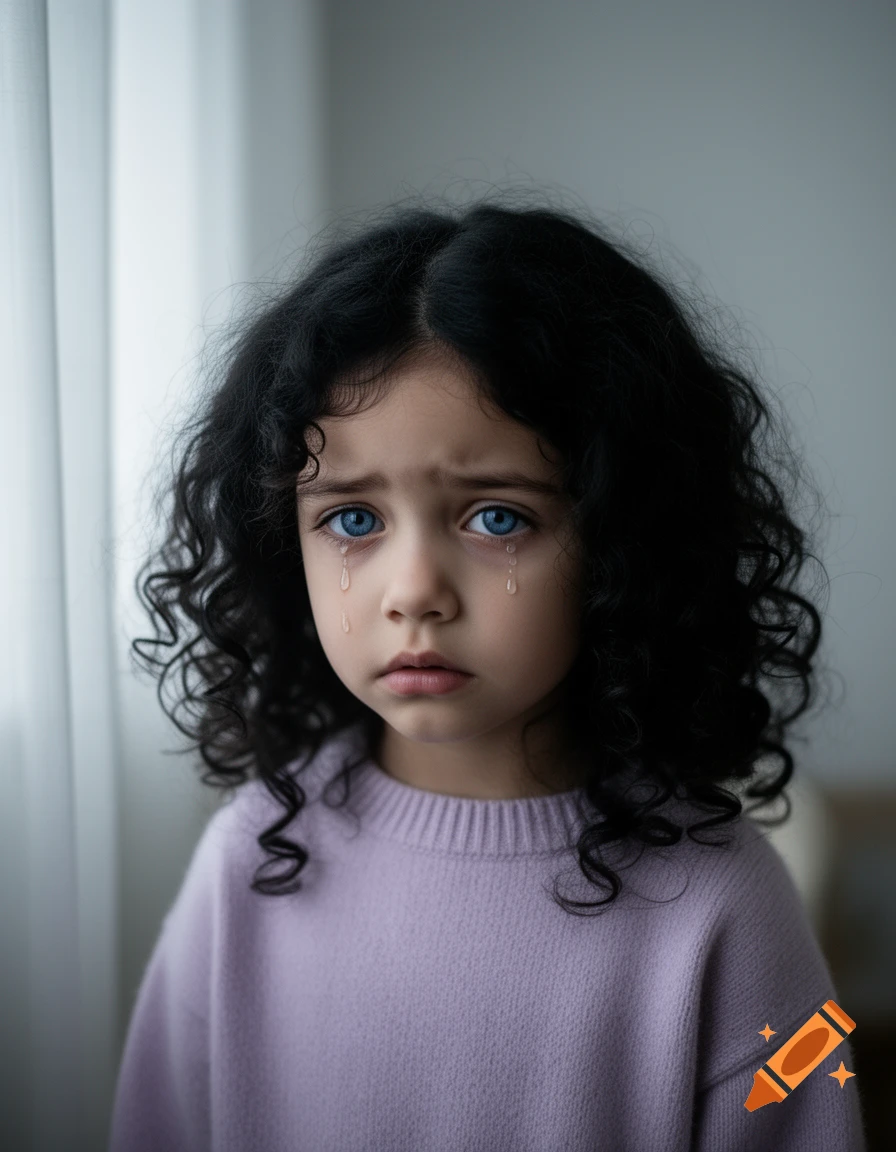 Close-up portrait of a sad young girl with dark curly hair, bright blue eyes, and tears, wearing a lavender sweater.