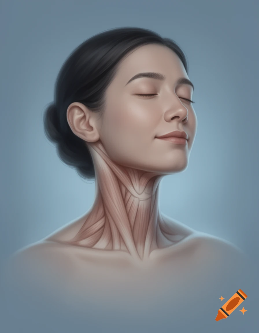 A realistic illustration of a woman's upper torso, her neck showing exposed muscles for an anatomical view, head tilted right.