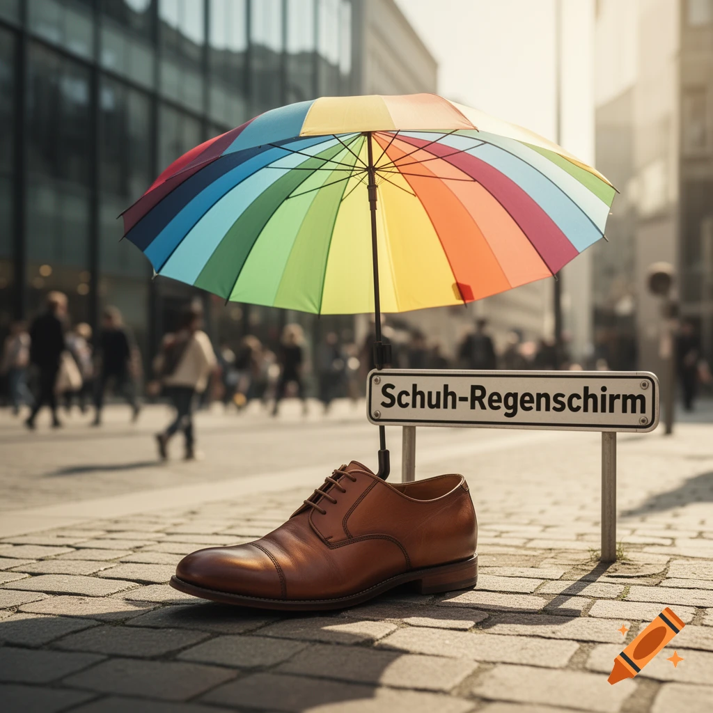 A brown leather dress shoe on a cobblestone street with a colorful rainbow umbrella open above it, next to a sign that reads 'Schuh-Regenschirm' in a blurred urban background.