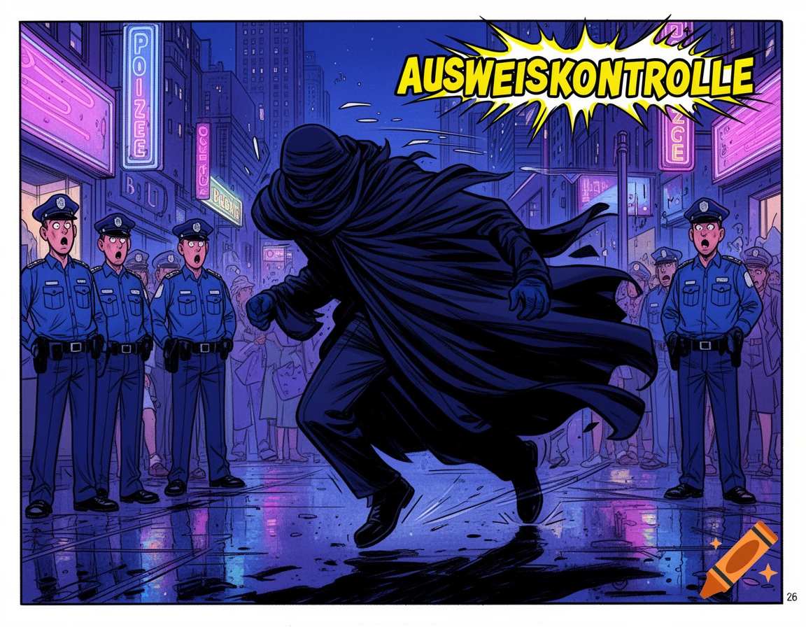 A dark hooded figure runs past surprised police officers and pedestrians on a rainy city street at night, with neon signs. The text "AUSWEISKONTROLLE" is prominent at the top. Comic art style.