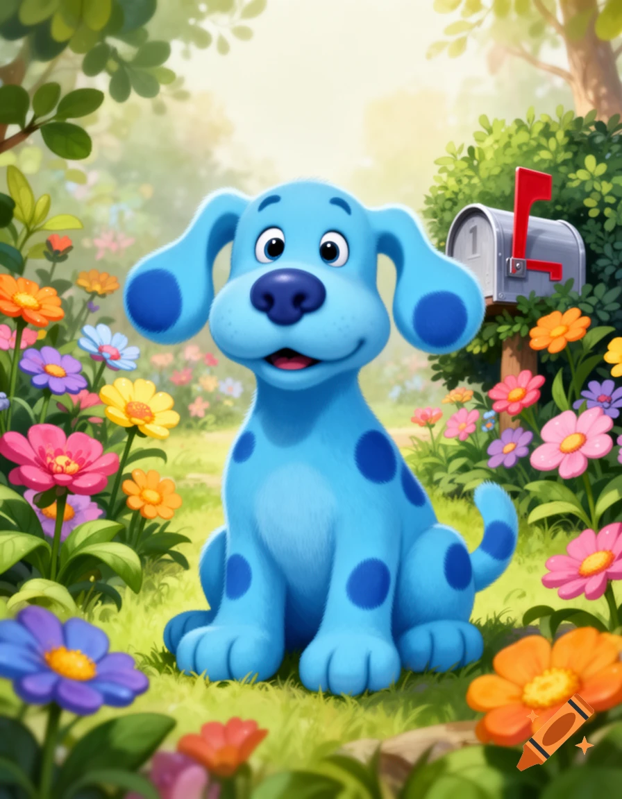 A cartoon blue dog with dark blue spots sits happily in a vibrant field of colorful flowers, next to a mailbox.