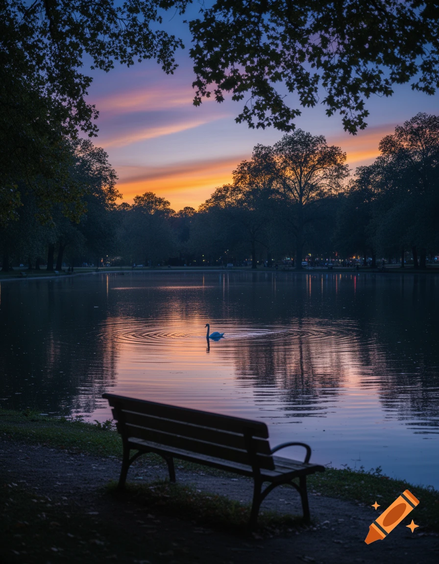 A lone swan swims in a tranquil lake at sunset, with a park bench in the foreground and silhouetted trees against a colorful sky.