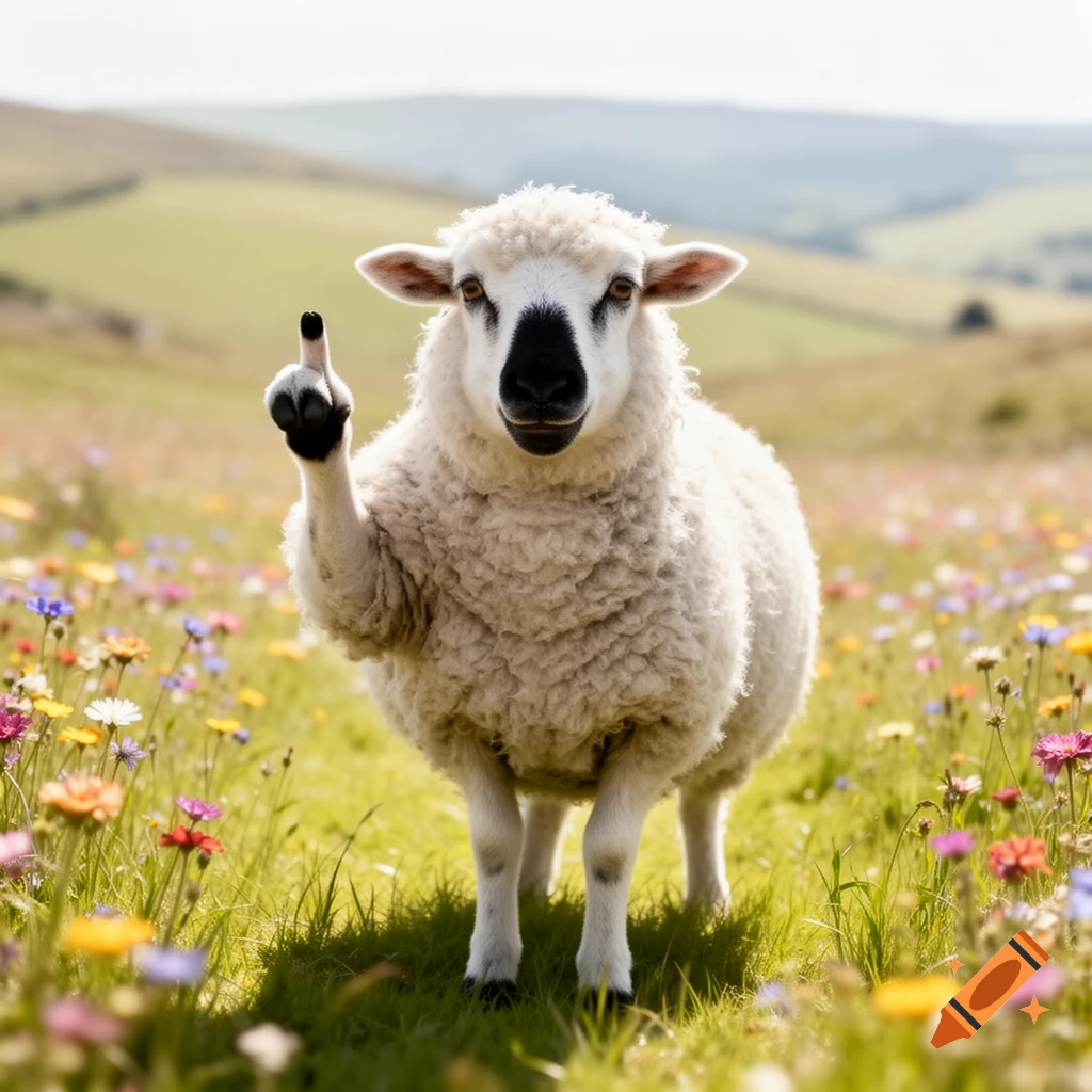 A Welsh Blacknose sheep stands in a field of wildflowers, giving the middle finger to the viewer.